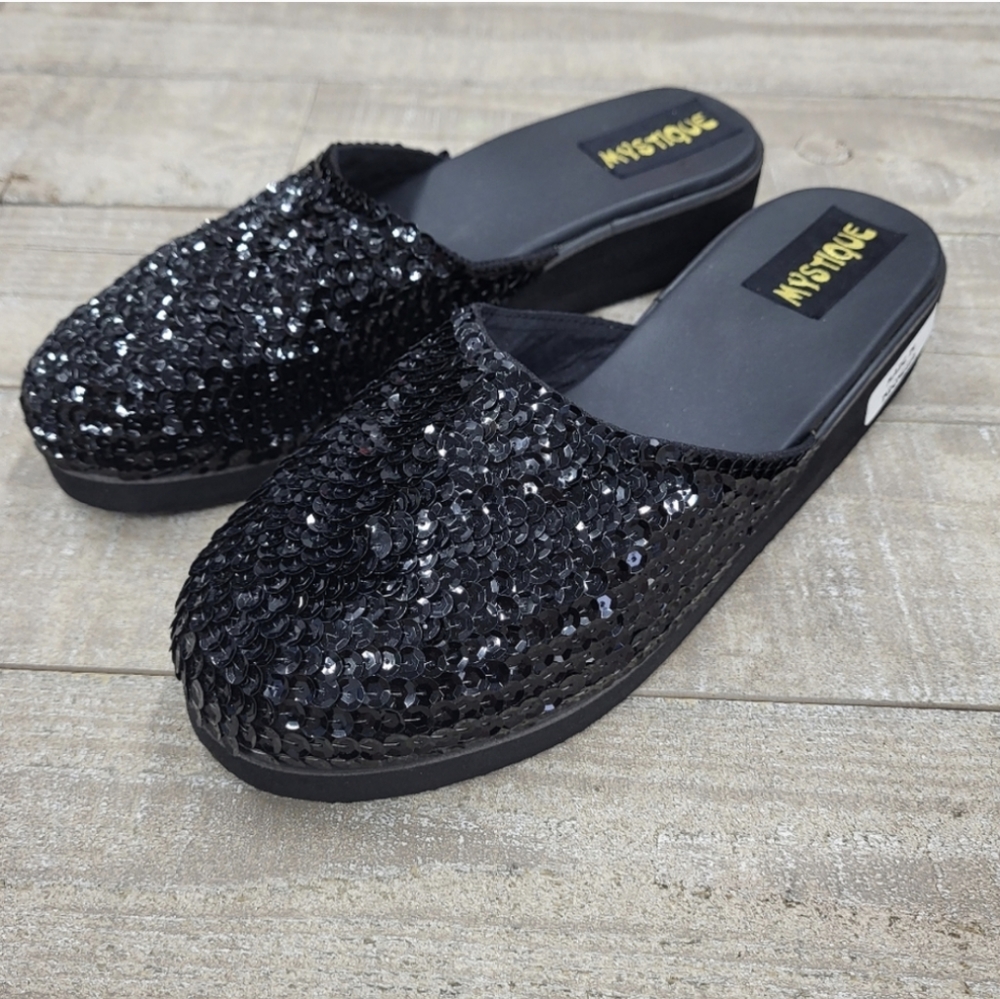 Mystique Black Sequined Round Toe Padded Mules Size 6